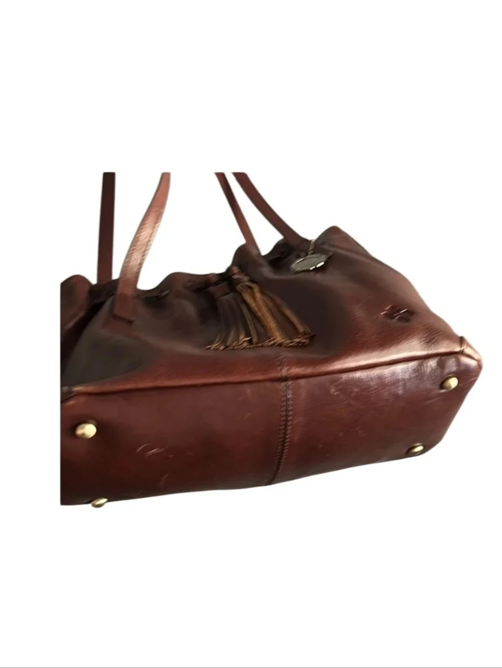 Patricia Nash Witney leather drawstring shoulder tote in a rich British Tan